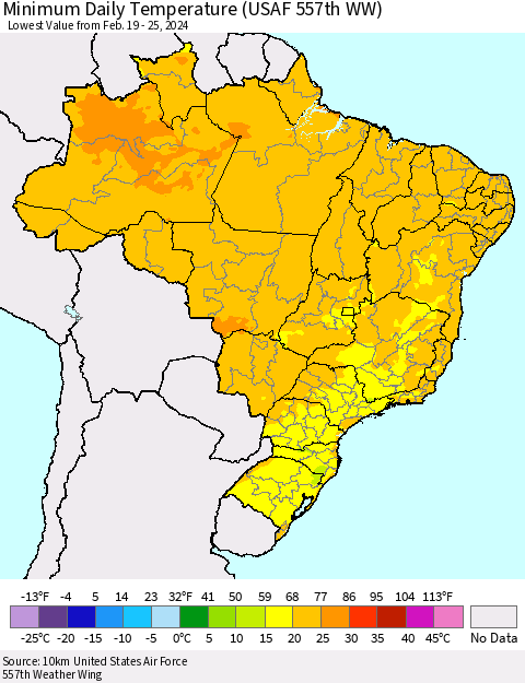 Brazil Minimum Daily Temperature (USAF 557th WW) Thematic Map For 2/19/2024 - 2/25/2024