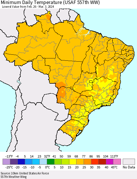 Brazil Minimum Daily Temperature (USAF 557th WW) Thematic Map For 2/26/2024 - 3/3/2024