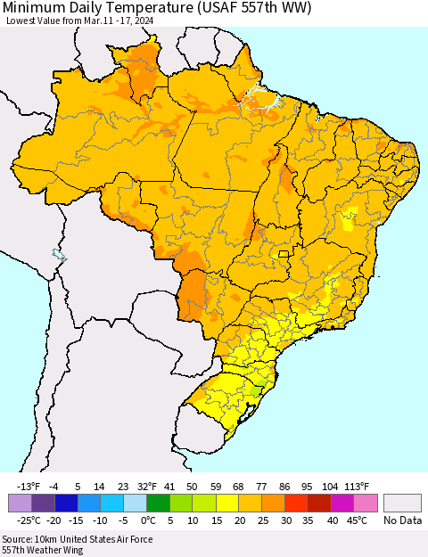 Brazil Minimum Daily Temperature (USAF 557th WW) Thematic Map For 3/11/2024 - 3/17/2024