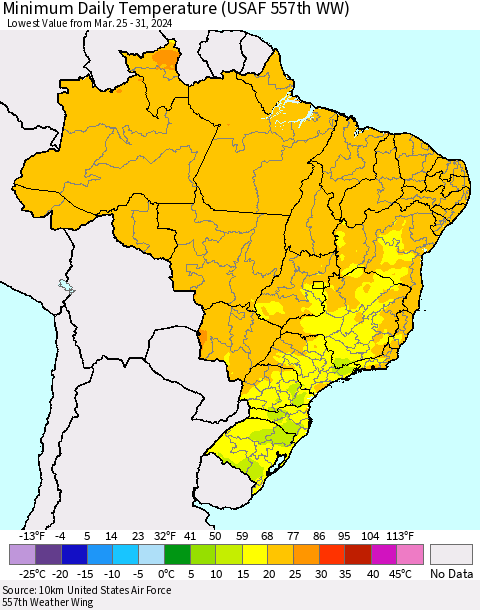 Brazil Minimum Daily Temperature (USAF 557th WW) Thematic Map For 3/25/2024 - 3/31/2024