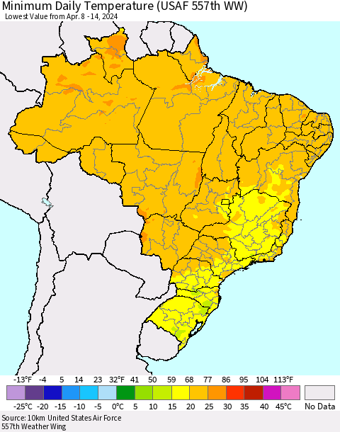Brazil Minimum Daily Temperature (USAF 557th WW) Thematic Map For 4/8/2024 - 4/14/2024
