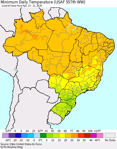 Brazil Minimum Daily Temperature (USAF 557th WW) Thematic Map For 4/15/2024 - 4/21/2024