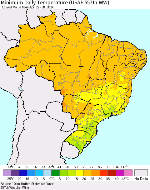 Brazil Minimum Daily Temperature (USAF 557th WW) Thematic Map For 4/22/2024 - 4/28/2024