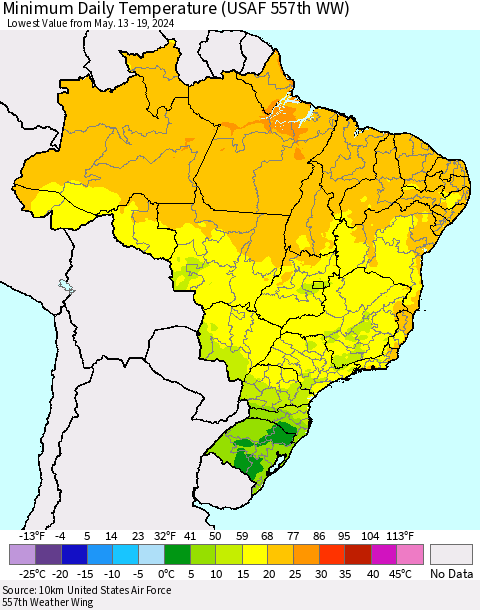Brazil Minimum Daily Temperature (USAF 557th WW) Thematic Map For 5/13/2024 - 5/19/2024