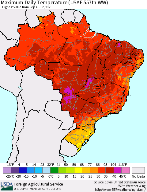 Brazil Maximum Daily Temperature (USAF 557th WW) Thematic Map For 9/6/2021 - 9/12/2021