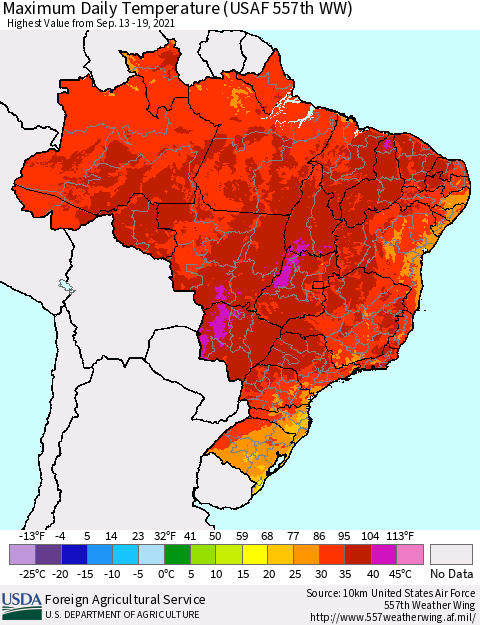 Brazil Maximum Daily Temperature (USAF 557th WW) Thematic Map For 9/13/2021 - 9/19/2021