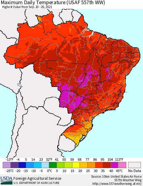 Brazil Maximum Daily Temperature (USAF 557th WW) Thematic Map For 9/20/2021 - 9/26/2021