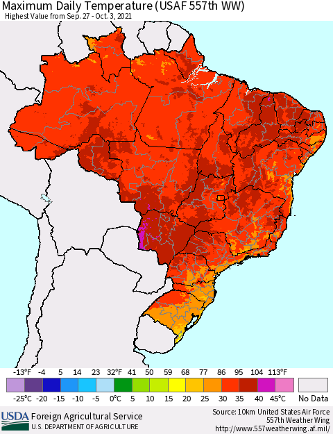 Brazil Maximum Daily Temperature (USAF 557th WW) Thematic Map For 9/27/2021 - 10/3/2021