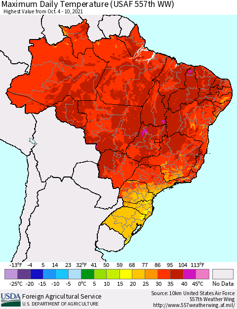 Brazil Maximum Daily Temperature (USAF 557th WW) Thematic Map For 10/4/2021 - 10/10/2021