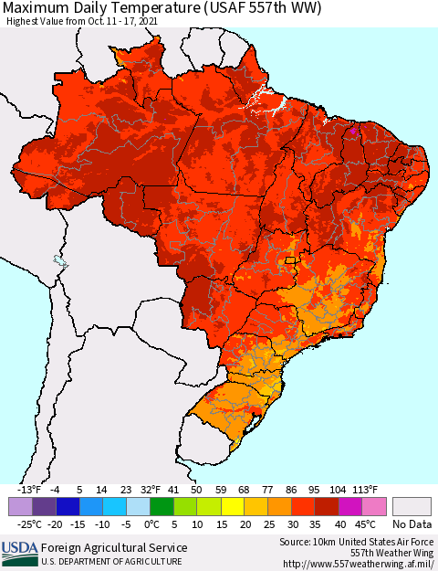 Brazil Maximum Daily Temperature (USAF 557th WW) Thematic Map For 10/11/2021 - 10/17/2021