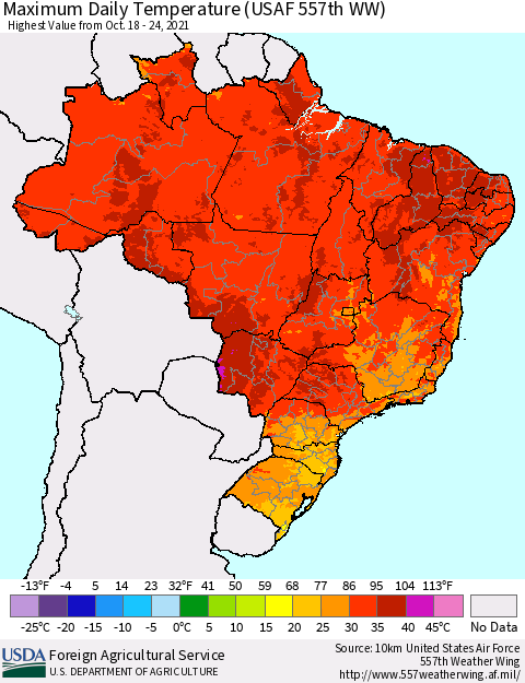 Brazil Maximum Daily Temperature (USAF 557th WW) Thematic Map For 10/18/2021 - 10/24/2021