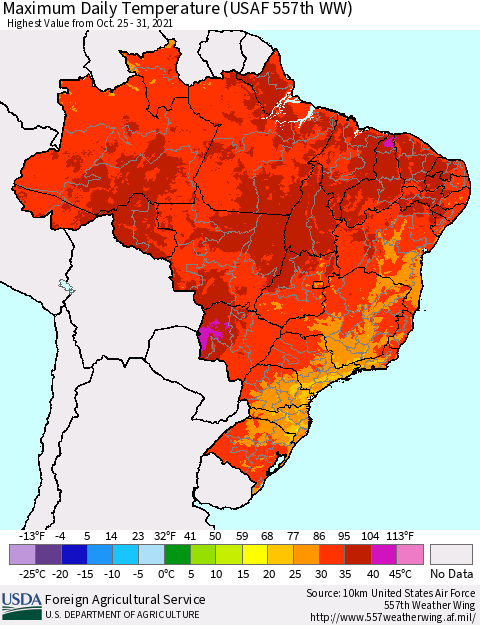 Brazil Maximum Daily Temperature (USAF 557th WW) Thematic Map For 10/25/2021 - 10/31/2021