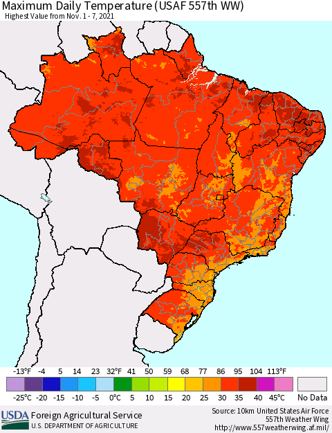 Brazil Maximum Daily Temperature (USAF 557th WW) Thematic Map For 11/1/2021 - 11/7/2021