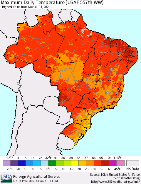 Brazil Maximum Daily Temperature (USAF 557th WW) Thematic Map For 11/8/2021 - 11/14/2021