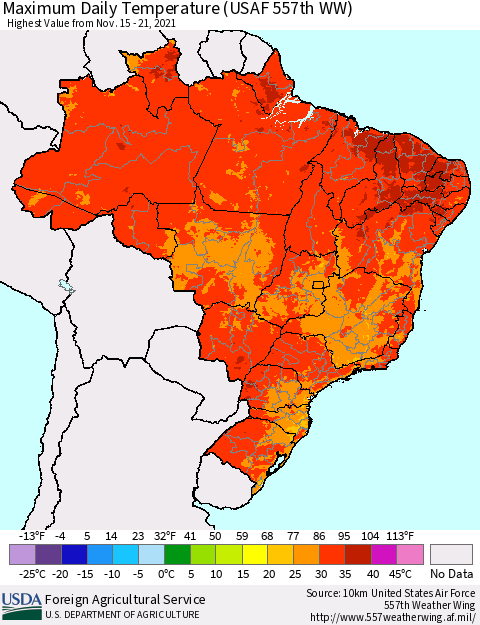 Brazil Maximum Daily Temperature (USAF 557th WW) Thematic Map For 11/15/2021 - 11/21/2021
