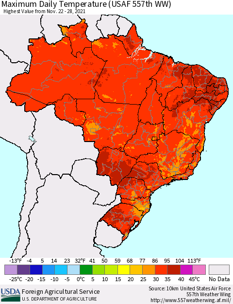 Brazil Maximum Daily Temperature (USAF 557th WW) Thematic Map For 11/22/2021 - 11/28/2021