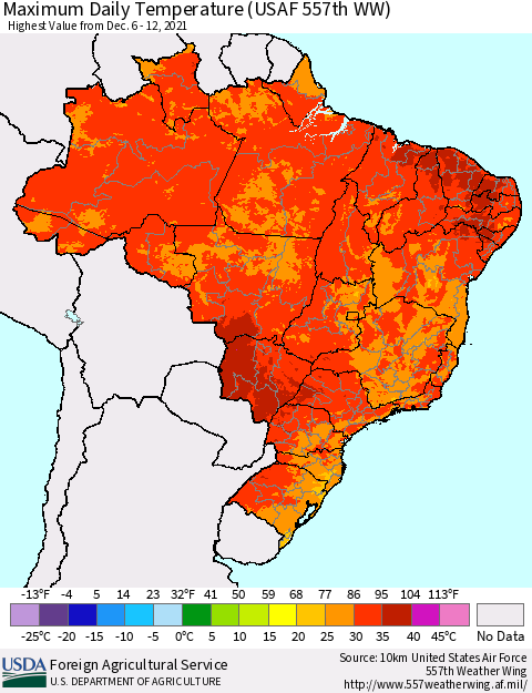 Brazil Maximum Daily Temperature (USAF 557th WW) Thematic Map For 12/6/2021 - 12/12/2021