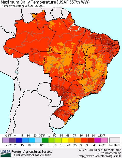 Brazil Maximum Daily Temperature (USAF 557th WW) Thematic Map For 12/20/2021 - 12/26/2021