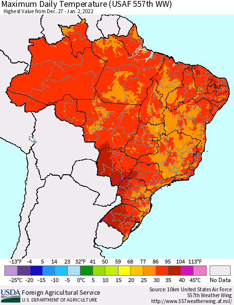 Brazil Maximum Daily Temperature (USAF 557th WW) Thematic Map For 12/27/2021 - 1/2/2022
