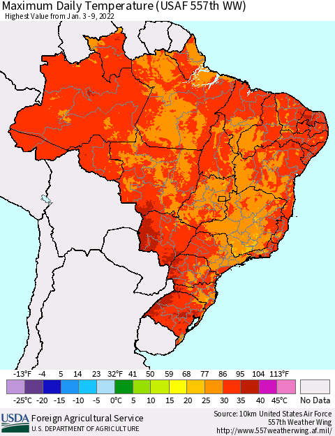 Brazil Maximum Daily Temperature (USAF 557th WW) Thematic Map For 1/3/2022 - 1/9/2022