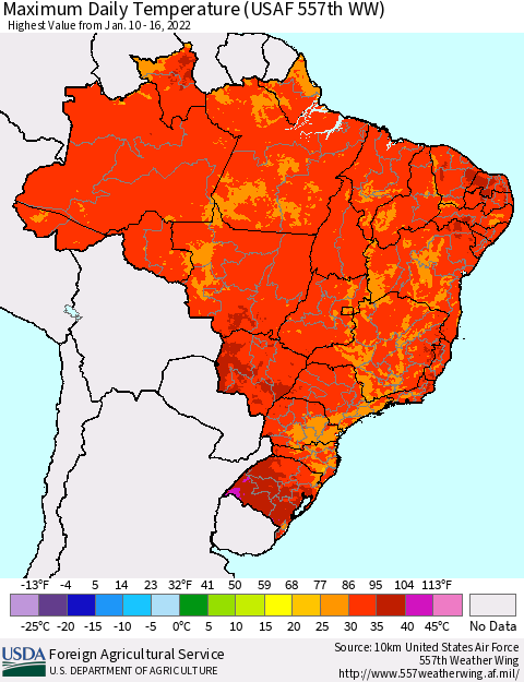 Brazil Maximum Daily Temperature (USAF 557th WW) Thematic Map For 1/10/2022 - 1/16/2022