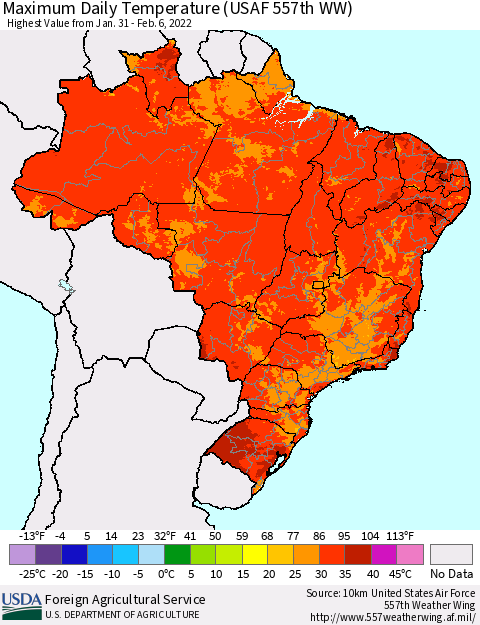 Brazil Maximum Daily Temperature (USAF 557th WW) Thematic Map For 1/31/2022 - 2/6/2022