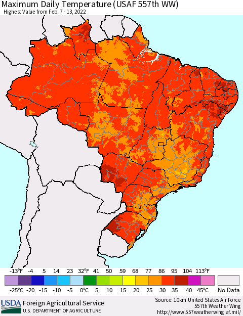 Brazil Maximum Daily Temperature (USAF 557th WW) Thematic Map For 2/7/2022 - 2/13/2022