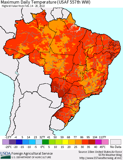 Brazil Maximum Daily Temperature (USAF 557th WW) Thematic Map For 2/14/2022 - 2/20/2022