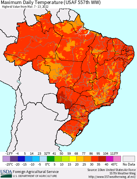 Brazil Maximum Daily Temperature (USAF 557th WW) Thematic Map For 3/7/2022 - 3/13/2022