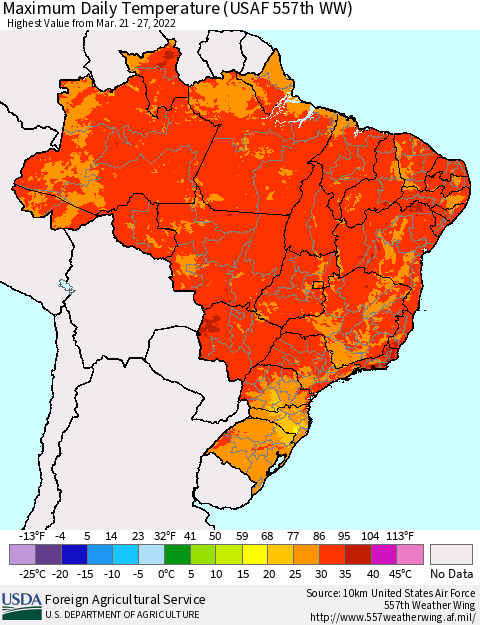 Brazil Maximum Daily Temperature (USAF 557th WW) Thematic Map For 3/21/2022 - 3/27/2022