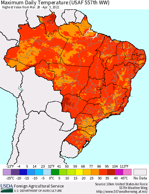 Brazil Maximum Daily Temperature (USAF 557th WW) Thematic Map For 3/28/2022 - 4/3/2022