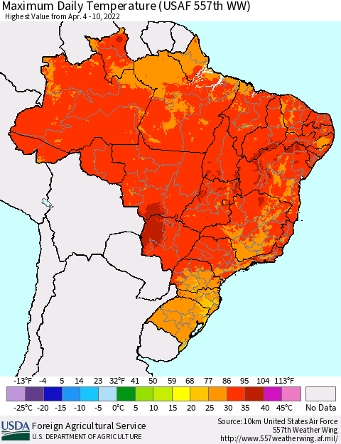 Brazil Maximum Daily Temperature (USAF 557th WW) Thematic Map For 4/4/2022 - 4/10/2022