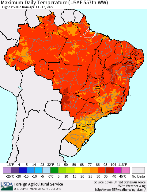Brazil Maximum Daily Temperature (USAF 557th WW) Thematic Map For 4/11/2022 - 4/17/2022