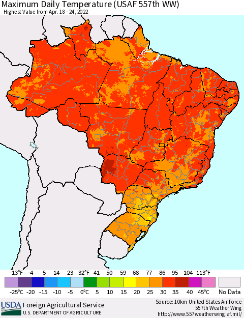Brazil Maximum Daily Temperature (USAF 557th WW) Thematic Map For 4/18/2022 - 4/24/2022