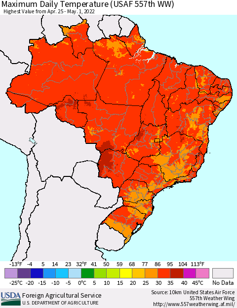 Brazil Maximum Daily Temperature (USAF 557th WW) Thematic Map For 4/25/2022 - 5/1/2022
