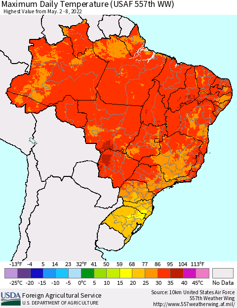 Brazil Maximum Daily Temperature (USAF 557th WW) Thematic Map For 5/2/2022 - 5/8/2022