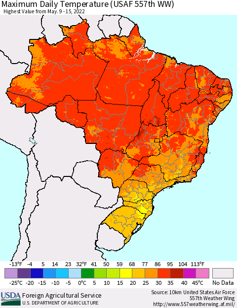 Brazil Maximum Daily Temperature (USAF 557th WW) Thematic Map For 5/9/2022 - 5/15/2022