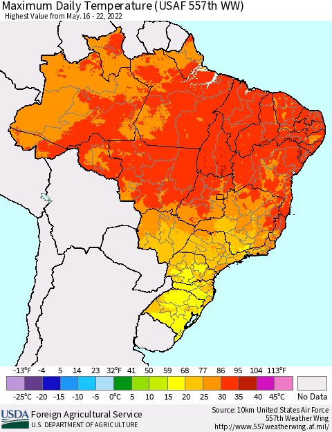Brazil Maximum Daily Temperature (USAF 557th WW) Thematic Map For 5/16/2022 - 5/22/2022