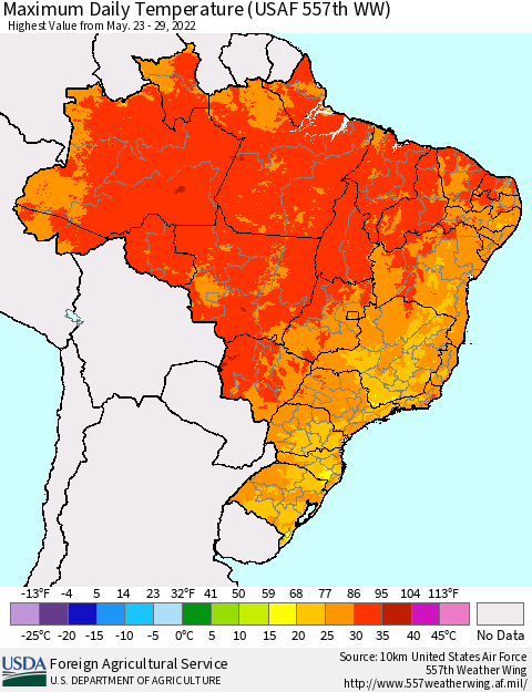 Brazil Maximum Daily Temperature (USAF 557th WW) Thematic Map For 5/23/2022 - 5/29/2022