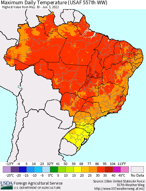 Brazil Maximum Daily Temperature (USAF 557th WW) Thematic Map For 5/30/2022 - 6/5/2022