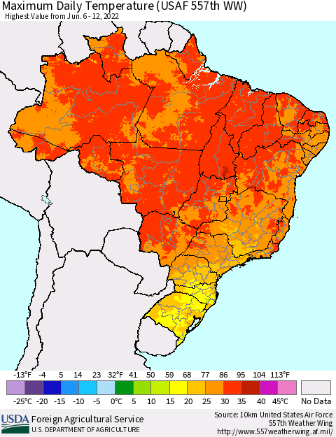 Brazil Maximum Daily Temperature (USAF 557th WW) Thematic Map For 6/6/2022 - 6/12/2022