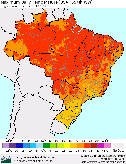Brazil Maximum Daily Temperature (USAF 557th WW) Thematic Map For 6/13/2022 - 6/19/2022