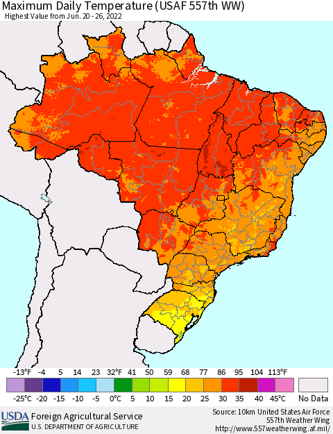 Brazil Maximum Daily Temperature (USAF 557th WW) Thematic Map For 6/20/2022 - 6/26/2022