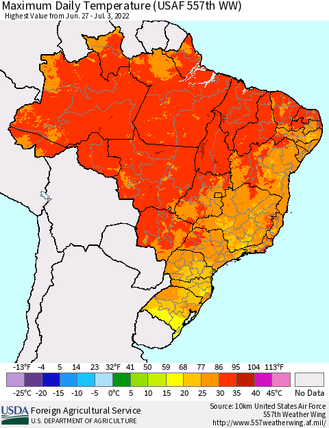 Brazil Maximum Daily Temperature (USAF 557th WW) Thematic Map For 6/27/2022 - 7/3/2022