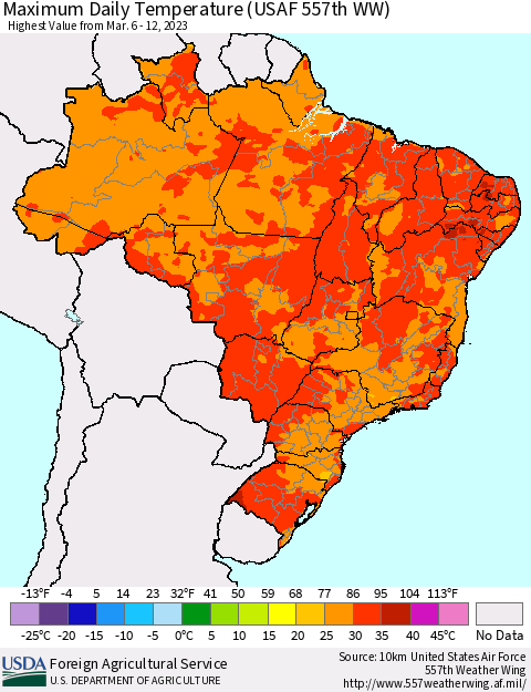 Brazil Maximum Daily Temperature (USAF 557th WW) Thematic Map For 3/6/2023 - 3/12/2023