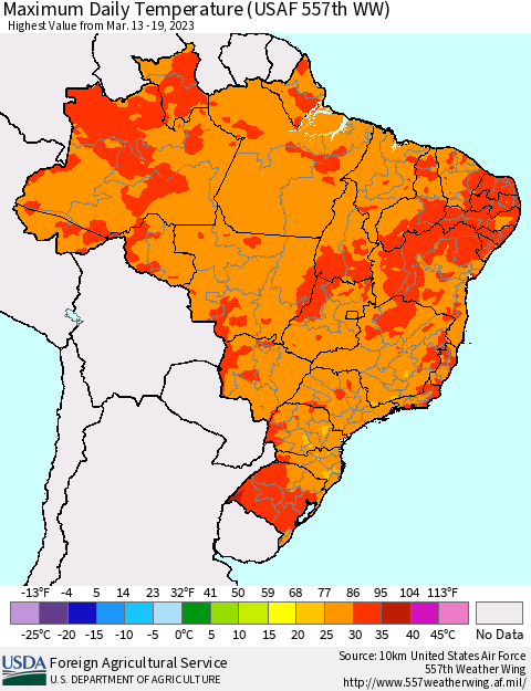 Brazil Maximum Daily Temperature (USAF 557th WW) Thematic Map For 3/13/2023 - 3/19/2023