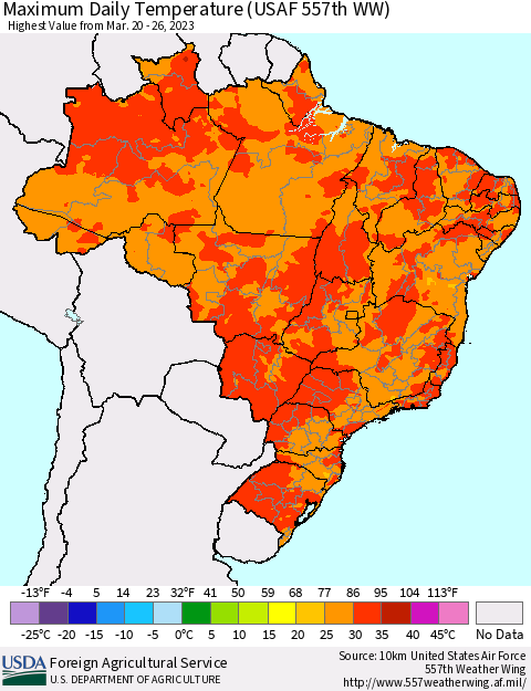 Brazil Maximum Daily Temperature (USAF 557th WW) Thematic Map For 3/20/2023 - 3/26/2023