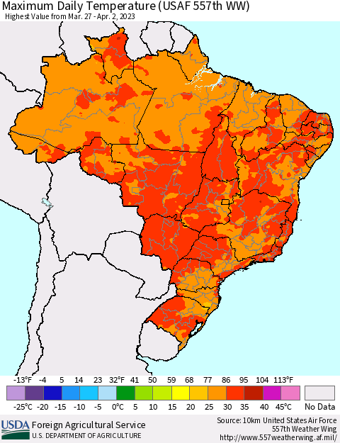 Brazil Maximum Daily Temperature (USAF 557th WW) Thematic Map For 3/27/2023 - 4/2/2023