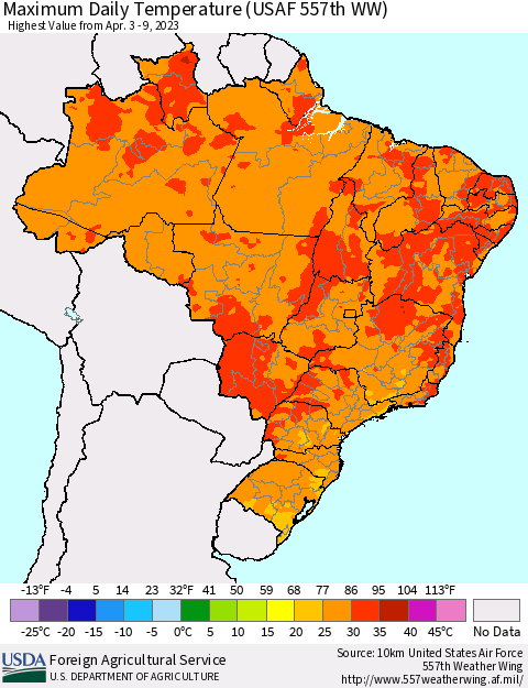 Brazil Maximum Daily Temperature (USAF 557th WW) Thematic Map For 4/3/2023 - 4/9/2023