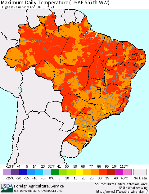 Brazil Maximum Daily Temperature (USAF 557th WW) Thematic Map For 4/10/2023 - 4/16/2023